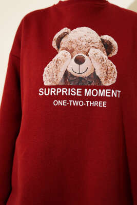 Ayıcık Baskılı Üç İplik İkili Takım Bordo - İkili Takım