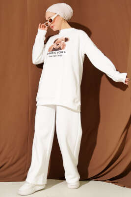 Ayıcık Baskılı Üç İplik İkili Takım Ekru - TEGOE