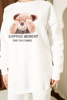 Ayıcık Baskılı Üç İplik İkili Takım Ekru - İkili Takım