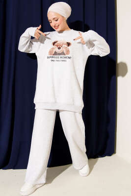 Ayıcık Baskılı Üç İplik İkili Takım Gri - TEGOE