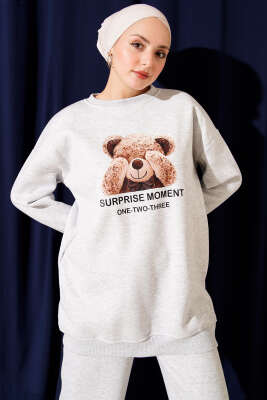 Ayıcık Baskılı Üç İplik İkili Takım Gri - İkili Takım