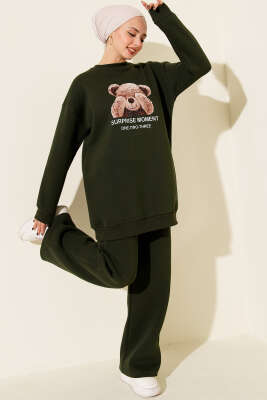 Ayıcık Baskılı Üç İplik İkili Takım Haki - TEGOE