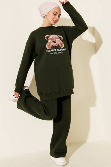 Ayıcık Baskılı Üç İplik İkili Takım Haki - İkili Takım