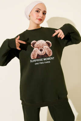 Ayıcık Baskılı Üç İplik İkili Takım Haki - İkili Takım