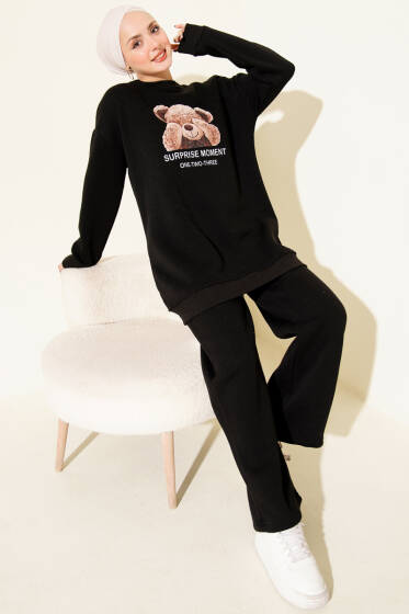 Ayıcık Baskılı Üç İplik İkili Takım Siyah - İkili Takım