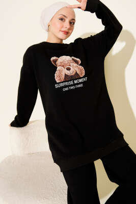 Ayıcık Baskılı Üç İplik İkili Takım Siyah - İkili Takım