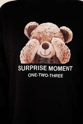 Ayıcık Baskılı Üç İplik İkili Takım Siyah - İkili Takım