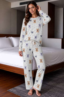 Ayıcık Desenli Bağcıklı Kadın Pijama Takımı Asorti 1 - IŞILAY