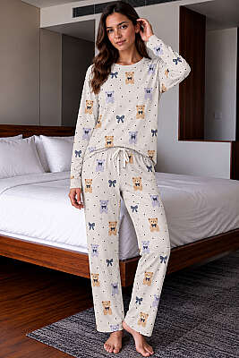 Ayıcık Desenli Bağcıklı Kadın Pijama Takımı Asorti 1 - IŞILAY