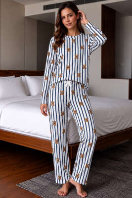 Ayıcık Desenli Bağcıklı Kadın Pijama Takımı Asorti 3 