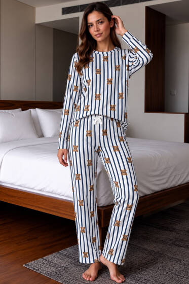 Ayıcık Desenli Bağcıklı Kadın Pijama Takımı Asorti 3 - Pijama