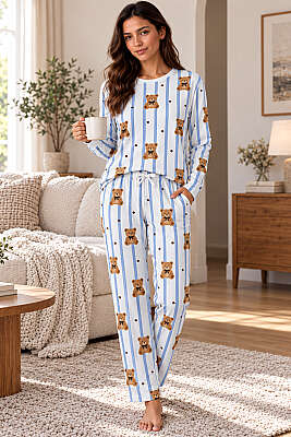 Ayıcık Desenli Bağcıklı Kadın Pijama Takımı Asorti 4 - IŞILAY