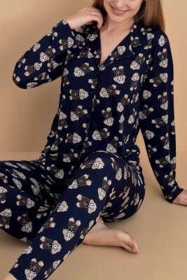 Ayıcık Desenli Düğmeli Pijama Takımı Lacivert - Pijama