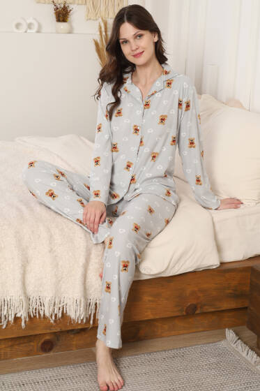 Ayıcık Desenli Düğmeli Süet Pijama Takımı Gri - Pijama