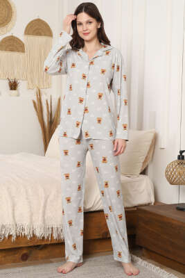 Ayıcık Desenli Düğmeli Süet Pijama Takımı Gri - Pijama