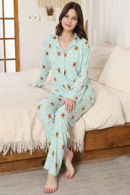 Ayıcık Desenli Düğmeli Süet Pijama Takımı Su Yeşili - Pijama