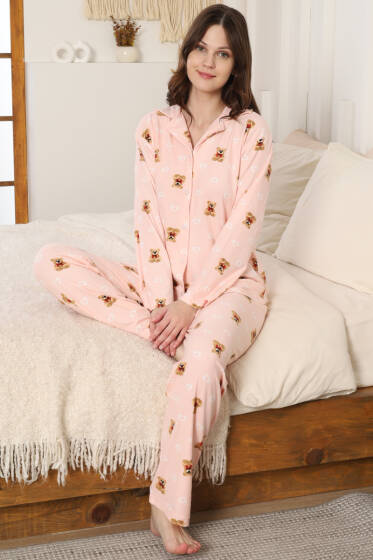 Ayıcık Desenli Düğmeli Süet Pijama Takımı Yavru Ağzı - Pijama