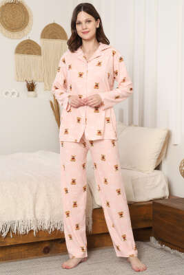Ayıcık Desenli Düğmeli Süet Pijama Takımı Yavru Ağzı - Pijama