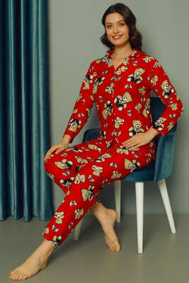Ayıcık Desenli Kadın Pijama Takımı Kırmızı - Thumbnail
