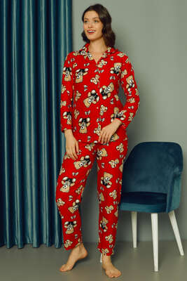 Ayıcık Desenli Kadın Pijama Takımı Kırmızı - Thumbnail