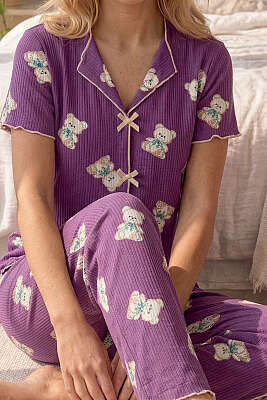 Ayıcık Desenli Kruvaze Yaka Pijama Takımı Menekşe - Pijama