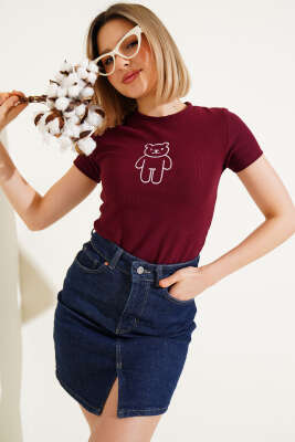 Ayıcık Desenli Nakışlı Kaşkorse Bluz Bordo - Kadın Giyim Modelleri