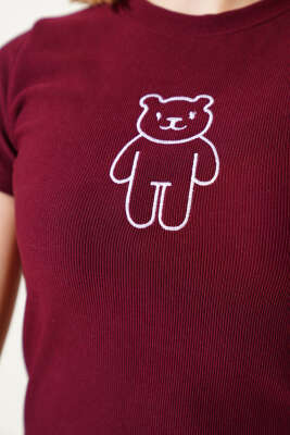 Ayıcık Desenli Nakışlı Kaşkorse Bluz Bordo - Kadın Giyim Modelleri