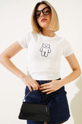 Ayıcık Desenli Nakışlı Kaşkorse Bluz Ekru - Kadın Giyim Modelleri