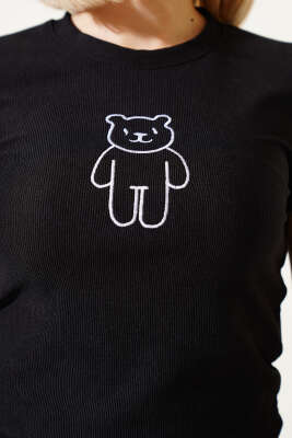 Ayıcık Desenli Nakışlı Kaşkorse Bluz Siyah - Kadın Giyim Modelleri