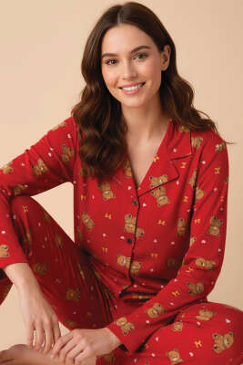Ayıcık Desenli Önü Düğmeli Pijama Takımı Kırmızı - MANOLYA