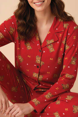 Ayıcık Desenli Önü Düğmeli Pijama Takımı Kırmızı - Pijama