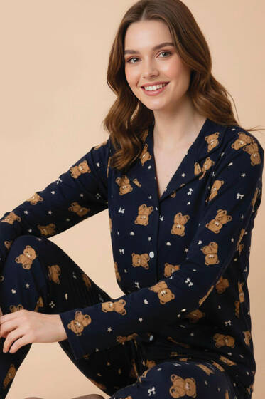 Ayıcık Desenli Önü Düğmeli Pijama Takımı Lacivert - Yılın Fırsatı