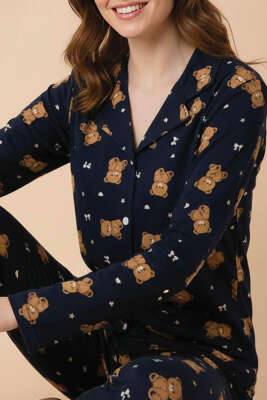 Ayıcık Desenli Önü Düğmeli Pijama Takımı Lacivert - Yılın Fırsatı