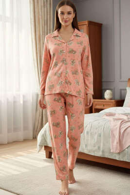 Ayıcık Desenli Süet Kruvaze Yaka Pijama Takımı Yavru Ağzı - HEPYEK BASIC