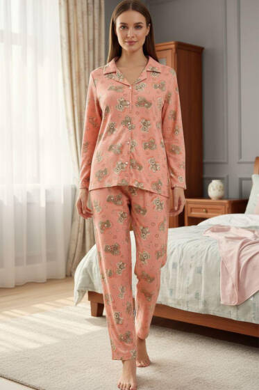 Ayıcık Desenli Süet Kruvaze Yaka Pijama Takımı Yavru Ağzı - Pijama