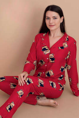 Ayıcık Desenli Süet Pijama Takımı Kırmızı - Pijama