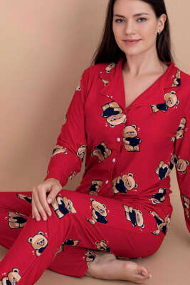 Ayıcık Desenli Süet Pijama Takımı Kırmızı - Pijama
