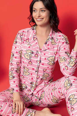 Ayıcık Desenli Süet Pijama Takımı Pembe - Pijama