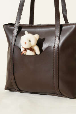 Ayıcık Detaylı Uzun Kulplu Kadın Çanta Acı Kahve - Kol Çantası