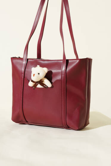 Ayıcık Detaylı Uzun Kulplu Kadın Çanta Bordo - Kol Çantası