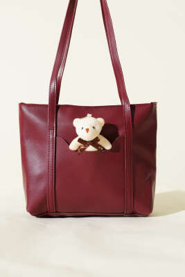 Ayıcık Detaylı Uzun Kulplu Kadın Çanta Bordo - Kol Çantası