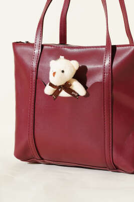 Ayıcık Detaylı Uzun Kulplu Kadın Çanta Bordo - Kol Çantası