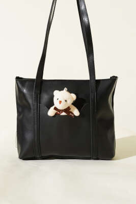 Ayıcık Detaylı Uzun Kulplu Kadın Çanta Siyah - Kol Çantası