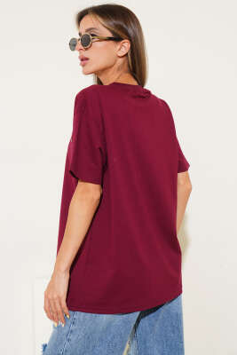 Ayıcık İşlemeli T-shirt Bordo - Kadın Giyim Modelleri