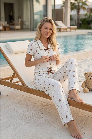 Ayıcık Kalpli Kısa Kollu Pijama Takımı Beyaz - Pijama