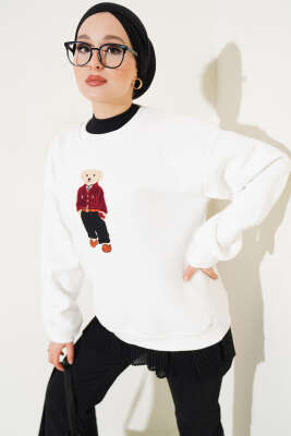 Ayıcık Nakış Üç İplik Sweatshirt Beyaz - 300-500 TL Ürünler