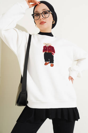 Ayıcık Nakış Üç İplik Sweatshirt Beyaz - Tunik