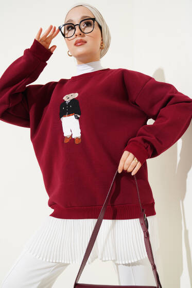 Ayıcık Nakış Üç İplik Sweatshirt Bordo - Tunik
