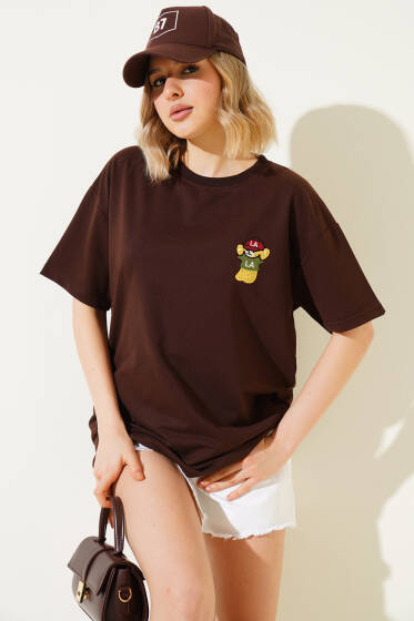 Ayıcık Nakışlı Basic T-shirt Kahve - Kadın Giyim Modelleri