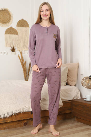 Ayıcık Nakışlı Fitilli Uzun Kol Pijama Takımı Gül Kurusu - Pijama